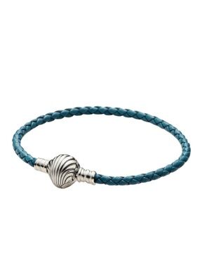 Pandora Teal Braided Leather Bracelet with Silver Shell Clasp